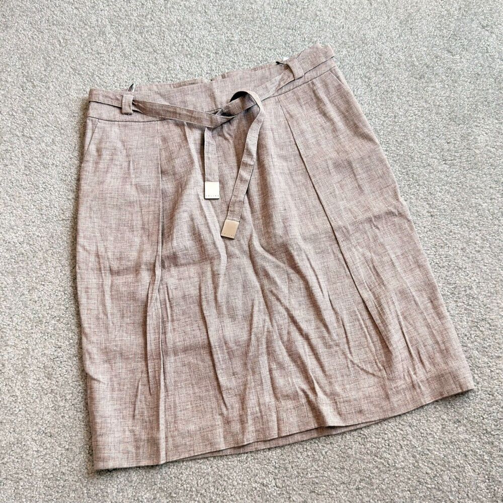 # Celine Pleated Pencil Skirt Beige Light Brown Belted Linen Blend MEDIUM
